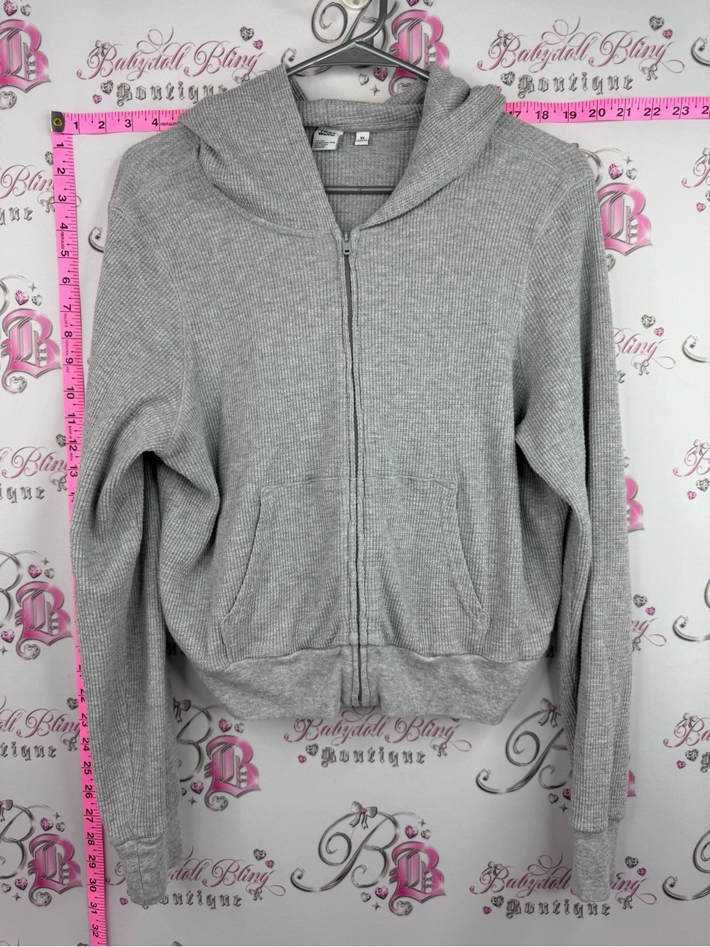 TNA sweater hoodie waffle knit Light Gray Ribbed Hooded Zip Jacket